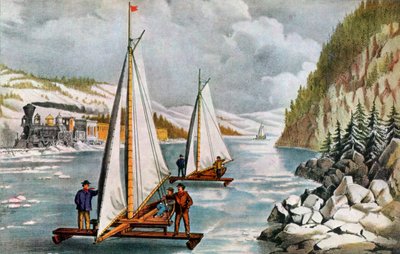 Wyścig łodzi lodowych na rzece Hudson, XIX wiek. autorstwa Currier and Ives