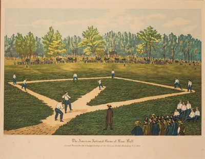 Amerykańska narodowa gra w baseball, ok. 1866 r. autorstwa Currier and Ives.