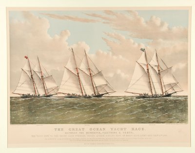 Wielki wyścig jachtów oceanicznych między Henriettą, Fleetwing i Vesta autorstwa Currier and Ives