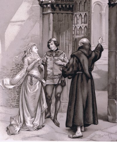 Wchodzi brat Laurence i Romeo, ilustracja z Romea i Julii, autorstwa Curtazzo Curtazzo