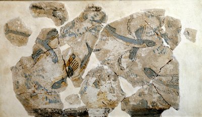 Sztuka cykladzka: fragment fresku przedstawiający latające ryby (jaskółki morskie). od strony Phylakopi (wyspa Melos) 2500 pne Dim. 23 cm Ateny, narodowe muzeum archeologiczne - sztuka cykladzka: fragmenty fresku przedstawiające latające ryby (rybwy), z si autorstwa Cycladic
