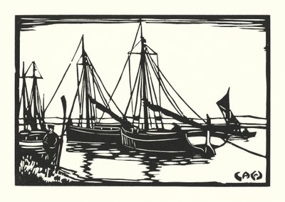 Łodzie rybackie i barki: Leigh Bawleys (drzeworyt) autorstwa Cyril A. Wilkinson