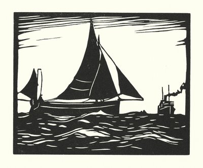Łodzie rybackie i barki: Plymouth Hooker (drzeworyt) autorstwa Cyril A. Wilkinson
