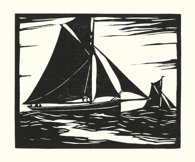 Łodzie rybackie i barki: Plymouth Long Boomer (drzeworyt) autorstwa Cyril A. Wilkinson