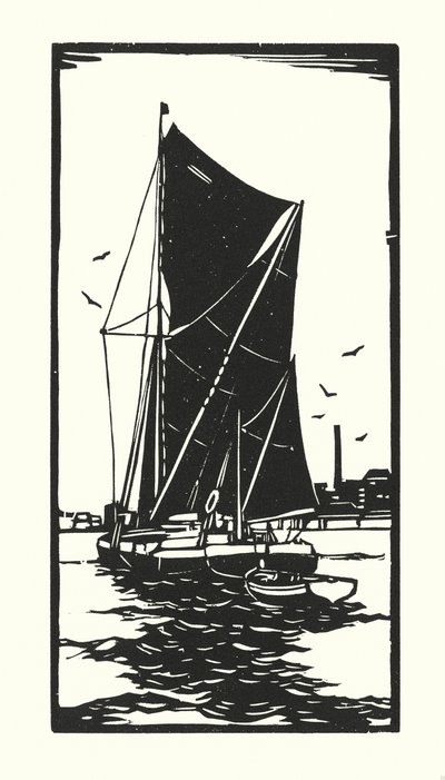 Łodzie rybackie i barki: Barka na Tamizie (drzeworyt) autorstwa Cyril A. Wilkinson
