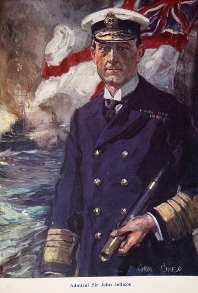 Admirał Sir John Jellicoe, ilustracja z książki "Told in the Huts: The YMCA Gift Book", opublikowanej w 1916 r. autorstwa Cyrus Cuneo