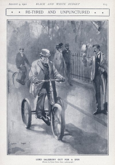 Angielski konserwatywny polityk i premier Lord Salisbury jadący na trójkołowym (litho) autorstwa Cyrus Cuneo