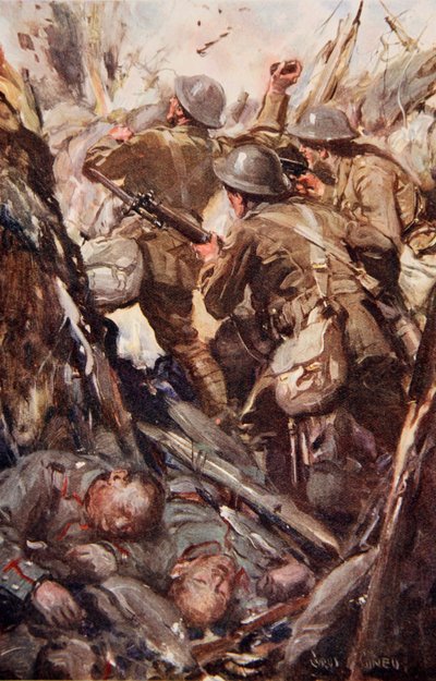 „Zbombardowali i przebili bagnetami drogę do rowu wroga”, ilustracja z „Told in the Huts: The YMCA Gift Book”, opublikowanej w 1916 r. autorstwa Cyrus Cuneo