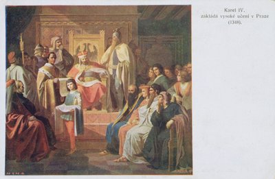 Założenie Uniwersytetu Niemieckiego w Pradze przez Karola IV w 1348, pocztówka z początku XX wieku autorstwa Czech School