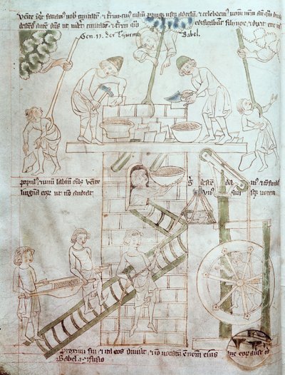 Ms 23 C 124 fol.3 Budowa wieży Babel, z Biblii Velislav, c.1340 autorstwa Czech School