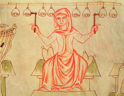 Mx XXIII C.124 Muzyk grający na dzwonach, z Biblii Velislav, c.1340 autorstwa Czech School