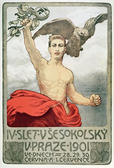 Plakat reklamujący IV Zjazd Sokolów w Pradze w 1901 r. autorstwa Czech School
