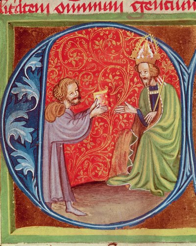 Autor ofiarowujący swoją książkę Karolowi IV (1316-1378) z Czech, z Opus Ruralium Commodorum Pietro de Crescenzi (1230-1321) autorstwa Czech School