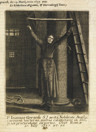 John Gerard, angielski ksiądz jezuita, zawieszony na łańcuchach na ścianie lochu w Tower of London (rycina) autorstwa Czech School