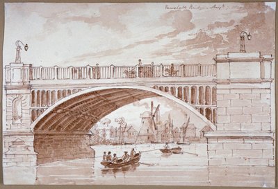 Widok małej łodzi przepływającej pod Vauxhall Bridge, Londyn, 1820. autorstwa DHC