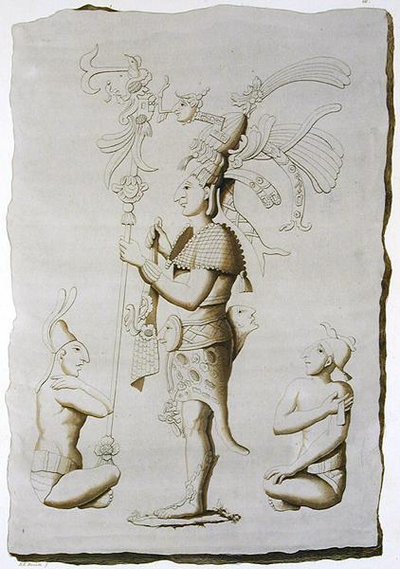 Król, rzeźba z pałacu, Palenque, Chiapas, Meksyk (rycina kolorowa) autorstwa D.K. (after) Bonatti