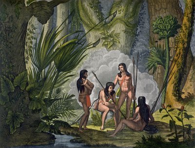 Camacani Tribesmen in Woodland w amazońskiej dżungli, Brazylia, z „Le Costume Ancien et Moderne”, tom I, płyta 53, Jules Ferrario, wydana ok. 1820-30 (kolorowa grawerunek) autorstwa D.K. Bonatti
