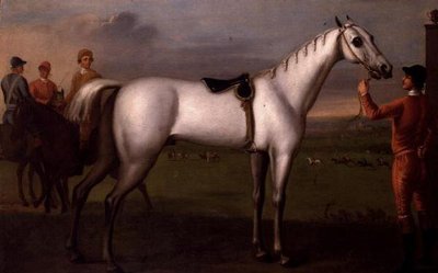 Pan młody trzymający szarego konia wyścigowego autorstwa D. Quigley