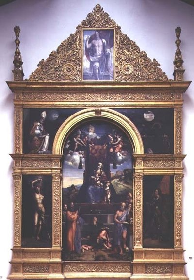 Dziewica z Dzieciątkiem na tronie ze świętymi (olej) autorstwa D. and Garofalo Dossi