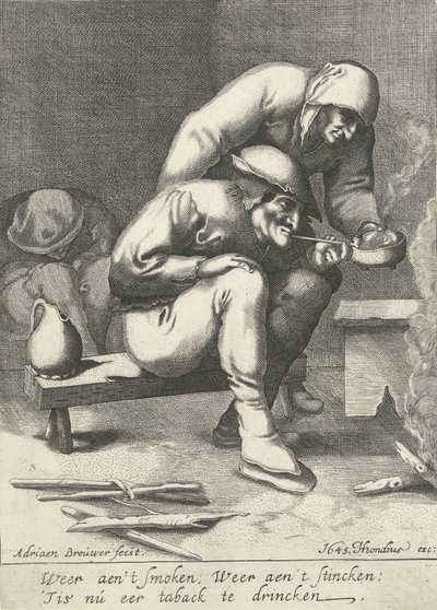 Palący mężczyzna, a za nim kobieta autorstwa D. van den Bremden