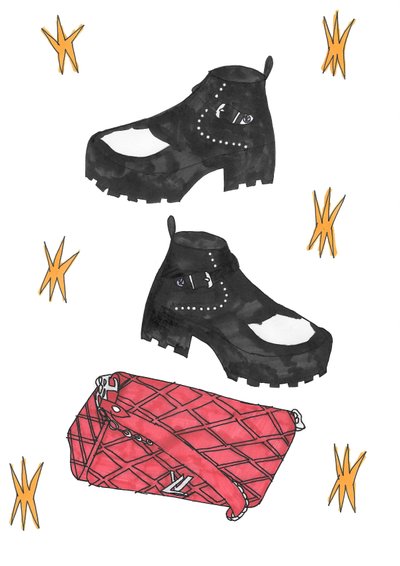 Redbag  buty, 2016 (flamaster na papierze) autorstwa Daisy de Villeneuve
