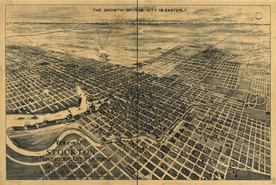 Widok na miasto Stockton, kalifornijskie miasto produkcyjne. Pokazuje lokalizację dodatku East Stockton. autorstwa Dakin Publishing Co.