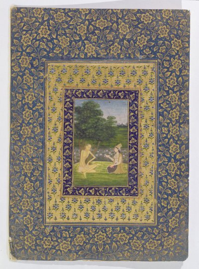 Layla Reading do Majnun, która siedzi pod drzewem przy basenie lotosu, Delhi, ok. 1720-40 autorstwa Dal Chand