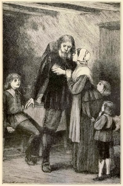 Christian zwierza się swojej żonie z The Pilgrims Progress From This World, To That What Is To Come autorstwa Johna Bunyana (1628-1688) ilustracja Thomasa Dalziela (1823-1906) Christian z ciężkim ciężarem autorstwa Dalziel Brothers
