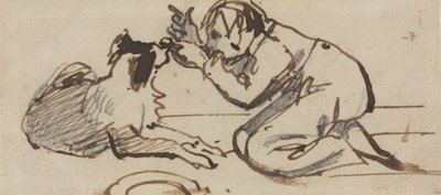Dziecko bawiące się z psem (ołówek, długopis i brązowy tusz na papierze) autorstwa Daniel Maclise