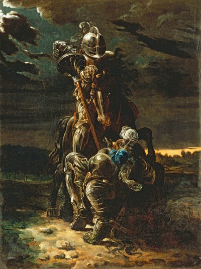 A w pierwszej karierze, którą pobiegli, elfi rycerz padł na konia i człowieka (olej na płótnie) autorstwa Daniel Maclise