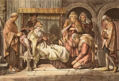 Harold, wracając z Normandii, przedstawia się Edwardowi Wyznawcy, grawerowane przez JD Coopera (kolorowa grawerunek) autorstwa Daniel Maclise