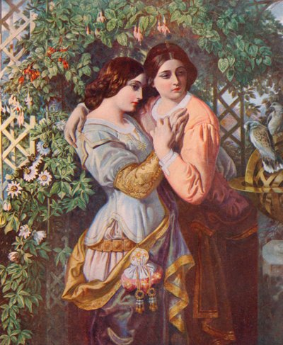 Szekspir: Celia i Rosalind, Jak Wam się podoba, Akt I, Scena 3 (litografia kolorowa) autorstwa Daniel (after) Maclise