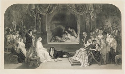 A Cena da Peça, Ato III, Cena II de Hamlet de William Shakespeare, gravada por Charles W. Sharpe (litho)polonês autorstwa Daniel (after) Maclise