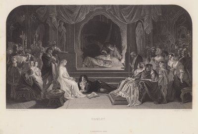 Scena zabawy w Hamlecie (rycina) autorstwa Daniel (after) Maclise