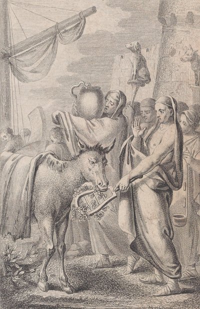 Postacie po prawej stronie przy statku, niektórzy trzymają zwierzęta nad głowami, koń po lewej, 1783 autorstwa Daniel Berger