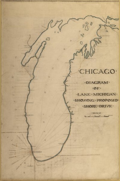Tablica 35 z Planu Chicago 1909: Chicago i Diagram Jeziora Michigan. Proponowana jezdnia... autorstwa Daniel Burnham