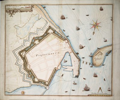 Mapa Portsmouth, ok. 1668 r. (płótno, papier) autorstwa Daniel Favreau de la Fabvolliere