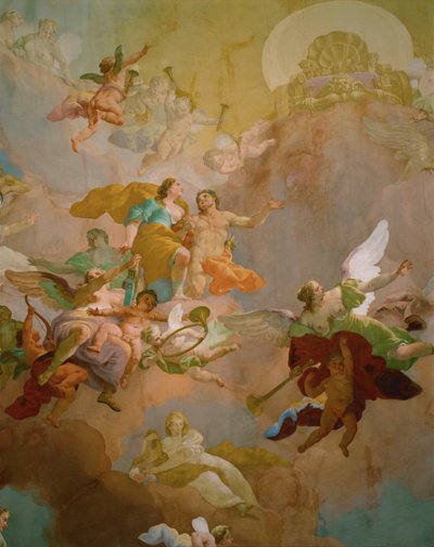 Hermes prowadzący Dianę, boginię łowów, na Olimp, gdzie Zeus opuścił dla niej swój tron (fresk) autorstwa Daniel Gran