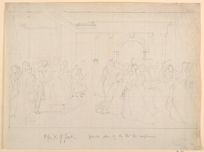 Rysunek, ogólny plan "Przyjęcia Marthy Washington", 1860 r. autorstwa Daniel Huntington