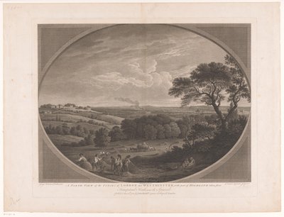 Gezicht op Londen, gezien vanaf Hampstead Heath North View of the Cities of London and Westminster, z częścią Highgate zabraną z Hampstead Heath, niedaleko Hiszpanów (tytuł na obiekcie) autorstwa Daniel Lerpinière