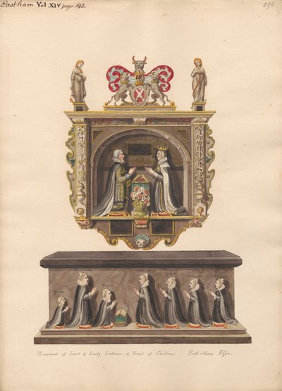 Pomnik Lorda i Lady Latimer oraz Grób dzieci Ralpha, Katherin, Ralpha, Dorothye, Jane, Margaret i Anne z kościoła East Ham autorstwa Daniel Lysons