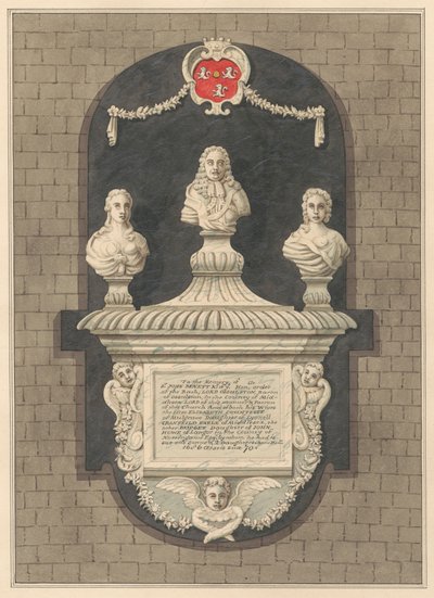 Pomnik Sir Johna Bennetta i jego żon Elizabeth i Bridget z Harlington Church autorstwa Daniel Lysons