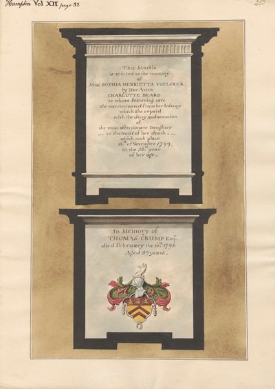 Pomniki panny Sophii Henrietty Voelcker i Thomasa Crumpa z Hampton Church autorstwa Daniel Lysons