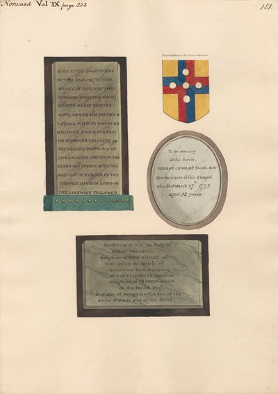 Pomniki Xpofer i Agnes Merick, George Charles Black i Sarah Horsnell, Elizabeth Ascough i George Merick autorstwa Daniel Lysons