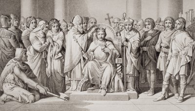 Koronacja Harolda II (ok.1022-66) króla anglosaskiego w 1066 r., z „Ilustracji historii angielskiej i szkockiej” tomu I autorstwa Daniel Maclise