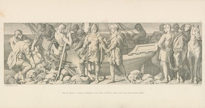 Harold, chcąc wrócić do Anglii, żegna się z Wilhelmem, który obdarowuje go pożegnalnymi prezentami. autorstwa Daniel Maclise