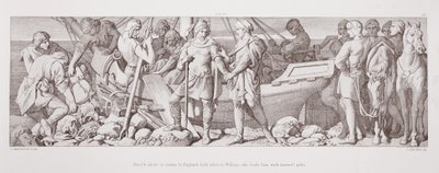 Harold, wracający do Anglii, żegna się z Wilhelmem, który obdarowuje go pożegnalnymi prezentami, z "Historii podboju normańskiego", ryc. L. Gruner, 1866 r. autorstwa Daniel Maclise