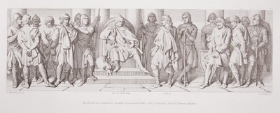 Harold i jego towarzysze przynieśli jako więźniowie przed Guya z Ponthieu i jego normańskich rycerzy z „Historii podboju normańskiego”, rytowanej przez L. Grunera, 1866 autorstwa Daniel Maclise