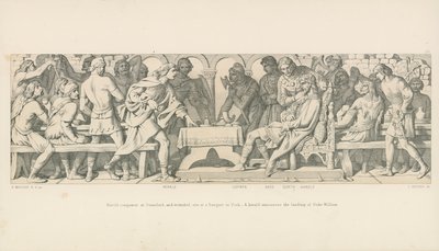 Harold zdobywca w Stamford i ranny siedzi na bankiecie w Yorku. Herold ogłasza lądowanie księcia Williama autorstwa Daniel Maclise