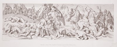 Harold, przed sztandarem Anglii, jest przeszyty spadającą strzałą, z „Historii podboju normańskiego”, rytowanej przez L. Grunera, 1866 autorstwa Daniel Maclise